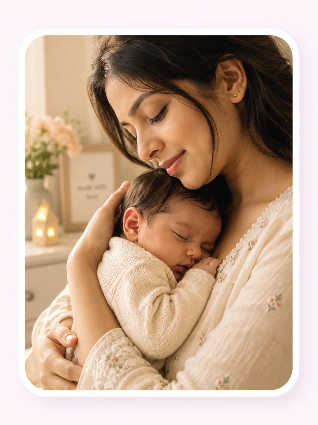 A young Indian mother in a soft cream kurta cradling her sleeping newborn near a sunlit window.