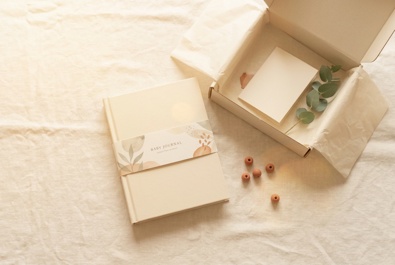 A baby memory journal wrapped in a printed band, beside an open mailer box with a folded card and a eucalyptus sprig, ready to give.