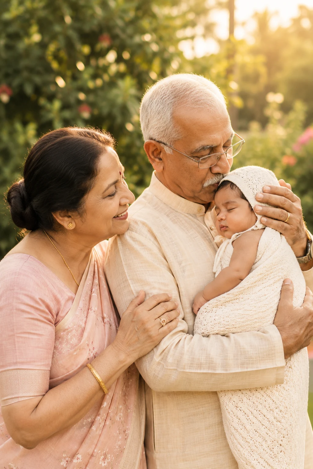 An elderly Indian grandmother and grandfather gently holding their newborn grandchild.