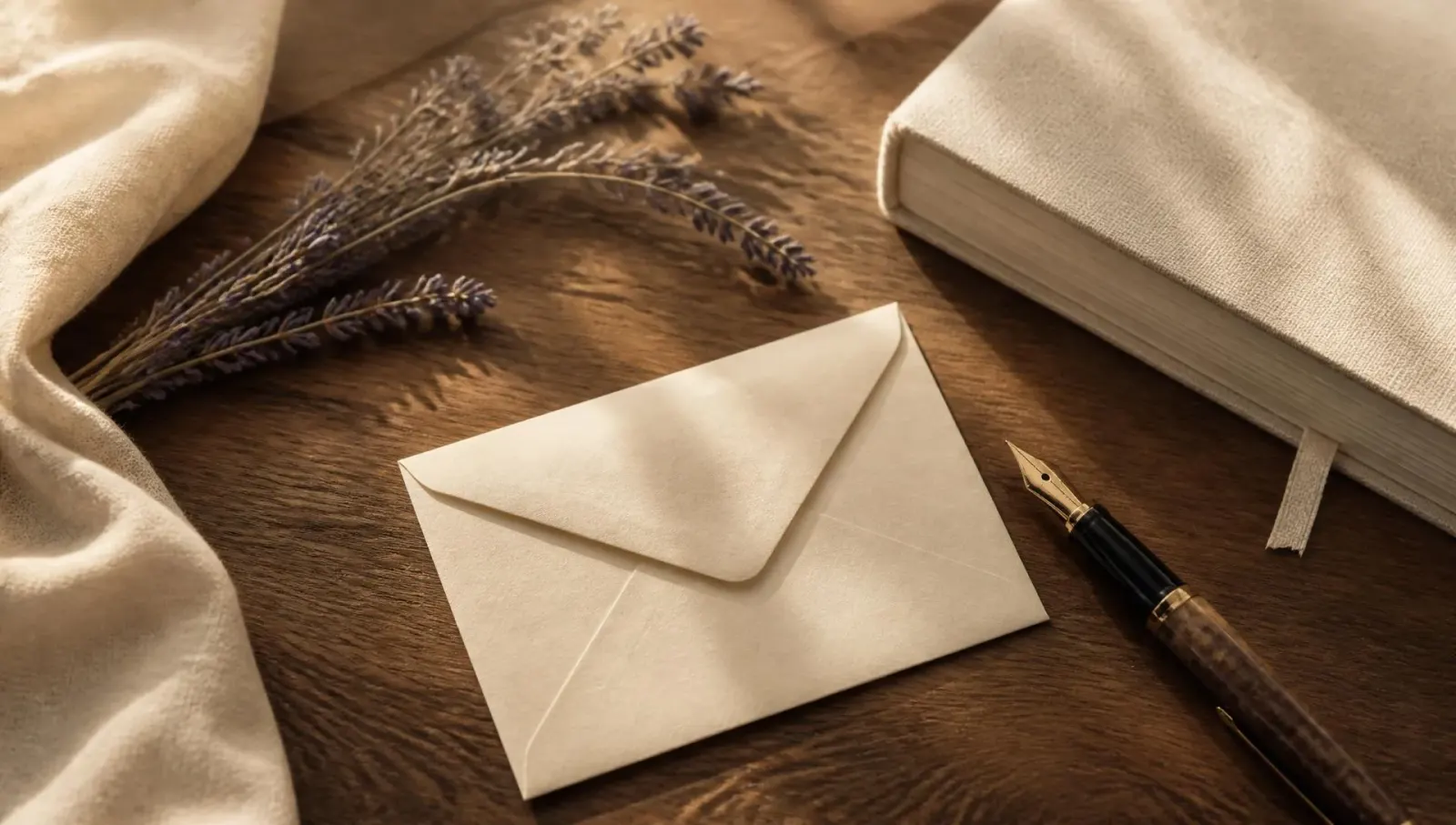 A cream envelope resting beside a fountain pen and dried lavender on warm walnut wood.