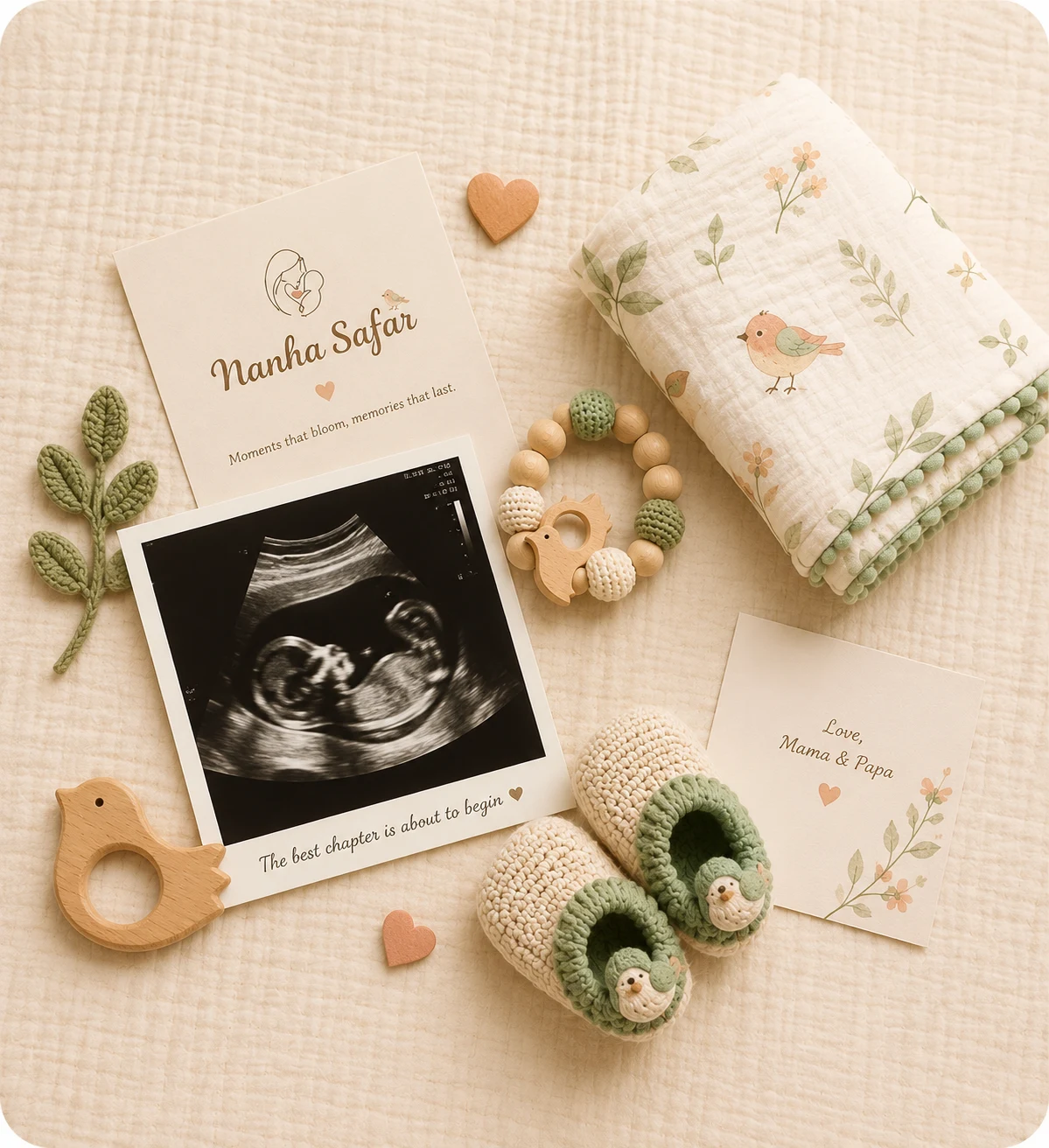 A flat-lay on soft cream muslin: a phone showing an ultrasound scan, a sage leaf teether, a wooden ring rattle, a folded botanical swaddle, knit booties, and a heart keepsake card.